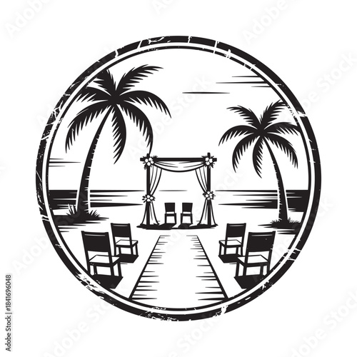 A black and white illustration of a romantic beach wedding ceremony setup with palm trees and an arch