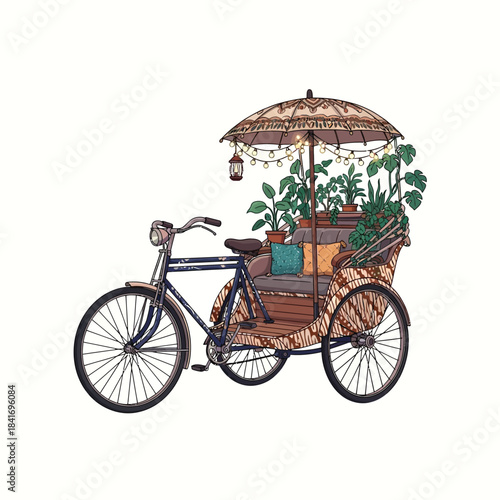 Charming Bicycle Rickshaw Adorned with Plants, Umbrella, and Gentle Lights
