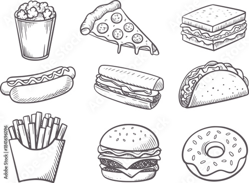 Black and white style of various fast foods fastfood