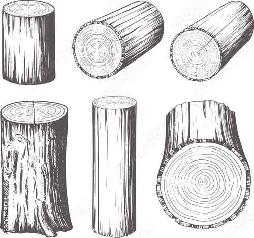 Black and white style of cut tree logs wood rings