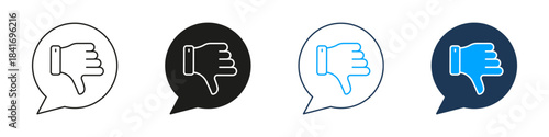 Thumbs Down In Speech Bubble Line And Solid Icon Set. Negative Feedback, Disapproval, And Criticism Symbol Collection. Communication And Social Media Interaction. Isolated Vector Illustration