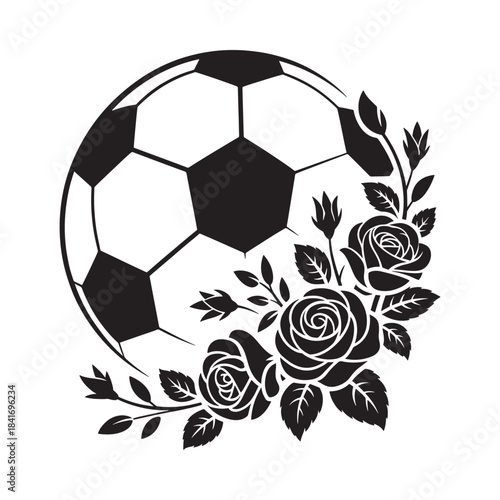 A beautiful black and white illustration of a soccer ball with floral accents