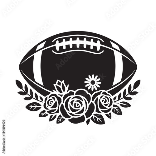 An elegant black and white illustration featuring a football adorned with floral accents