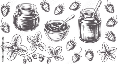 Detailed black and white ink of strawberries and jam jars