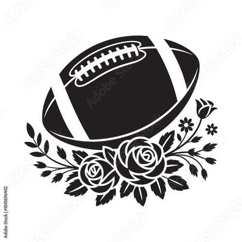 A black and white illustration of a football with roses and leaves