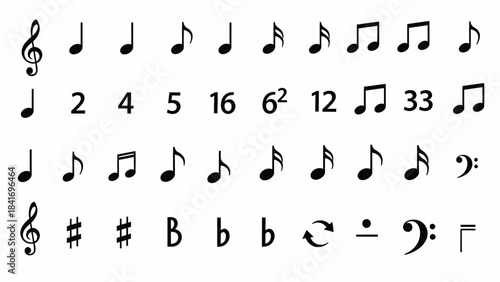 Musical notes and symbols arranged in rows with treble clef and numbers