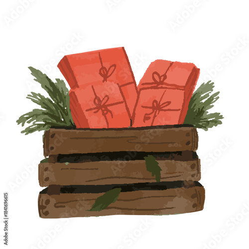 Christmas Gifts in Wooden Box with Pine Branches
