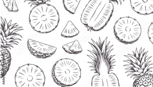 Detailed black and white line of pineapples and slices