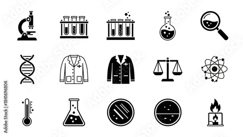 Science and research icons microscope test tubes flasks dna strand and more