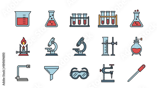 Science equipment illustrations beakers test tubes microscopes and more