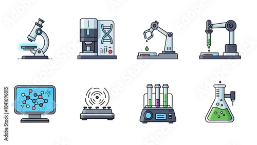 Scientific equipment illustration microscope dna analyzer robotic arms and more