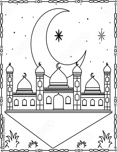 Moonlit Mosque, Islamic Art, Spiritual Nightscape. Mosque Coloring Page for Kids And Adults.