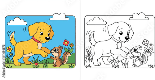 Cute cartoon dog puppy playing with little chipmunk squirrel friend in sunny garden nature vector illustration for kids