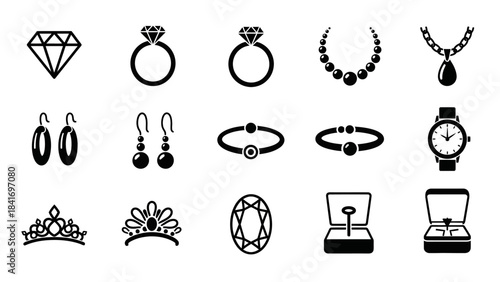 Jewelry icons set diamond ring necklace bracelet watch and tiara designs