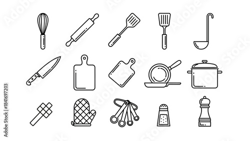 Line art kitchen utensils set isolated on white for culinary themes