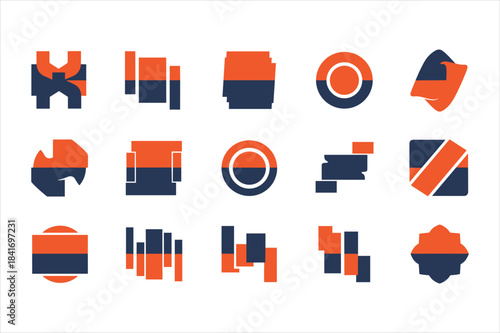 Collection of 15 orange and blue geometric shapes isolated on white background
