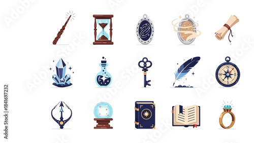 Magical objects and wizardry icons vector set for fantasy designs