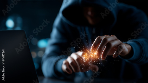 Faceless hooded hacker data breach concept cybersecurity threat scenario information security compromise digital crime visualization anonymous attacker representation