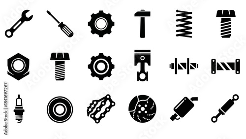 Mechanical tools and automotive parts in minimalist black and white