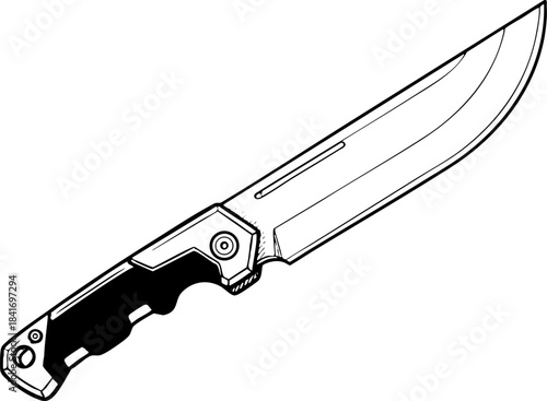 Black and white illustration of a modern tactical survival knife.