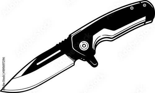 Black and White Tactical Folding Pocket Knife Vector Icon