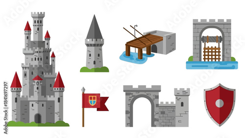Medieval castle and fortress elements isolated vector illustrations