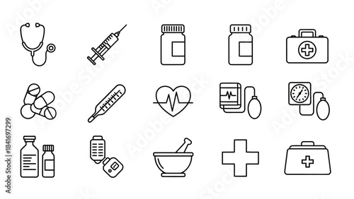 Medical icon set healthcare medicine and treatment equipment vectors
