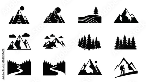 Mountain and forest icons outdoor adventure and travel vector illustrations