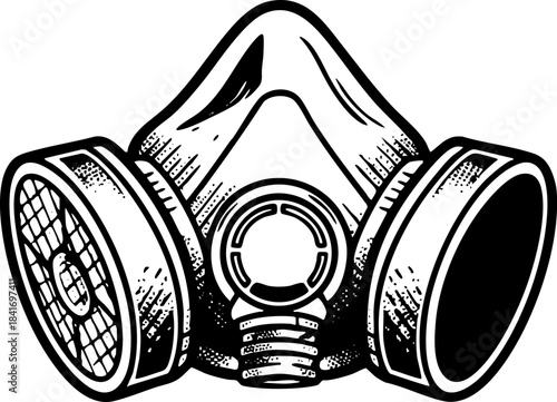 Black and White Industrial Respirator Gas Mask Illustration Vector