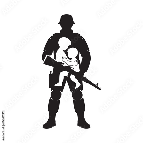 Silhouette of a soldier carrying a child rifle slung over shoulder symbol of protection