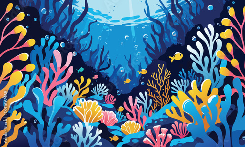 Horizontal blue background. Underwater marine life of a coral reef. World oceans day