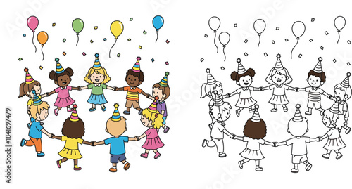 Happy diverse cartoon children holding hands in a circle dancing at birthday party with balloons and confetti vector illustration isolated on white