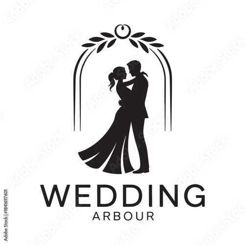 A silhouette logo design of a bride and groom embracing under a decorative wedding arbour