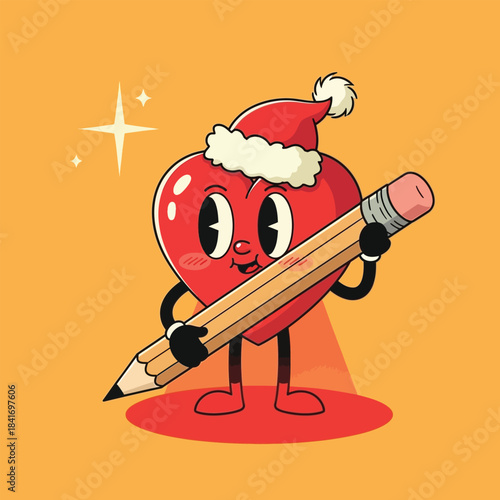 A retro cartoon illustration of a heart character wearing a Santa hat and holding a wooden pencil on a warm orange-yellow festive background