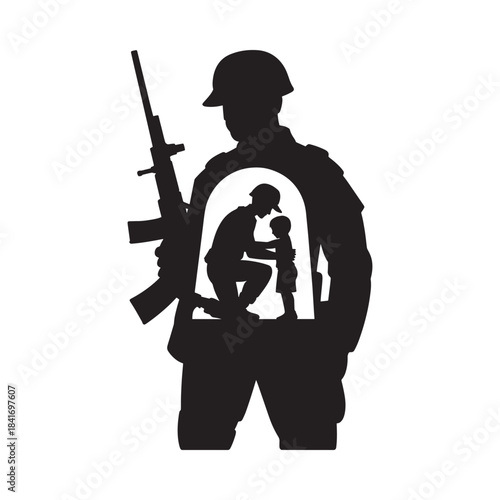 A soldier stands guard a loving father s silhouette embracing his child within