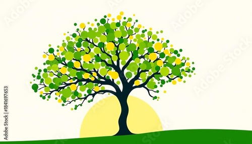 Whimsical tree silhouette, vibrant green & yellow circles forming foliage,  summer,  vector