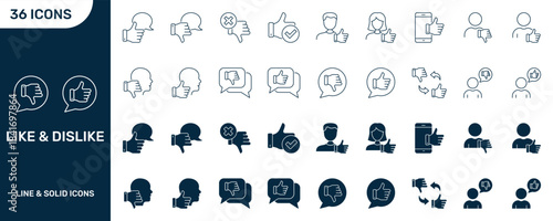 Like And Dislike Line And Solid Icon Set. Social Media Feedback And User Interaction Symbol Collection. Thumbs Up And Down, Approval And Disapproval Icons. Isolated Vector Illustration