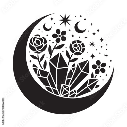 A celestial design featuring a crescent moon flowers crystals and sparkling stars