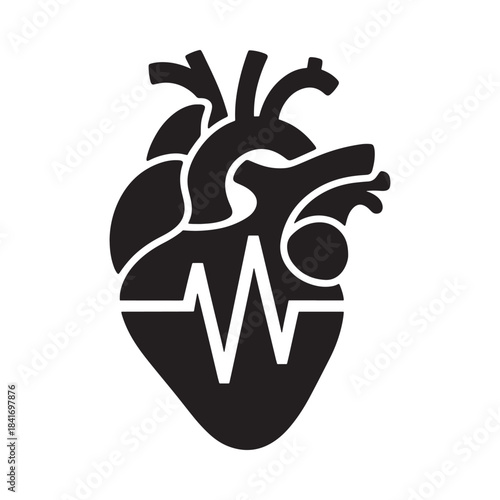 Minimalist black and white anatomical heart with vital sign heartbeat line in the center