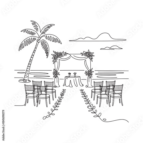 Continuous line drawing of a beach wedding ceremony setup with palm tree and ocean
