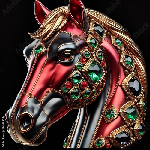 Gold Horse. lunar New year Zodiac Sign. Jewelry Glowing Treasure. Amazing Glamour Mascot. Decoration for Art Deco Party Card Invitation. Rich Luxury Diamond Brilliant Animal  Brooch Portrait