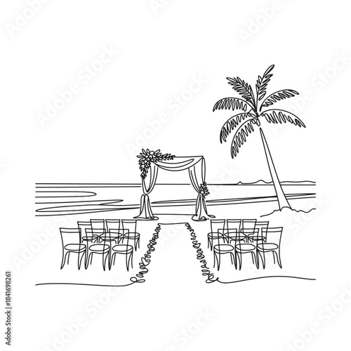 Continuous line drawing of a seaside wedding ceremony setup with chairs and arch