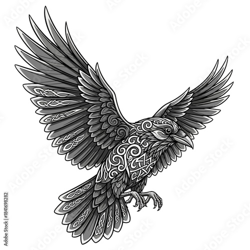 Intricate Celtic Raven Tattoo Design - Mythological Bird Illustration