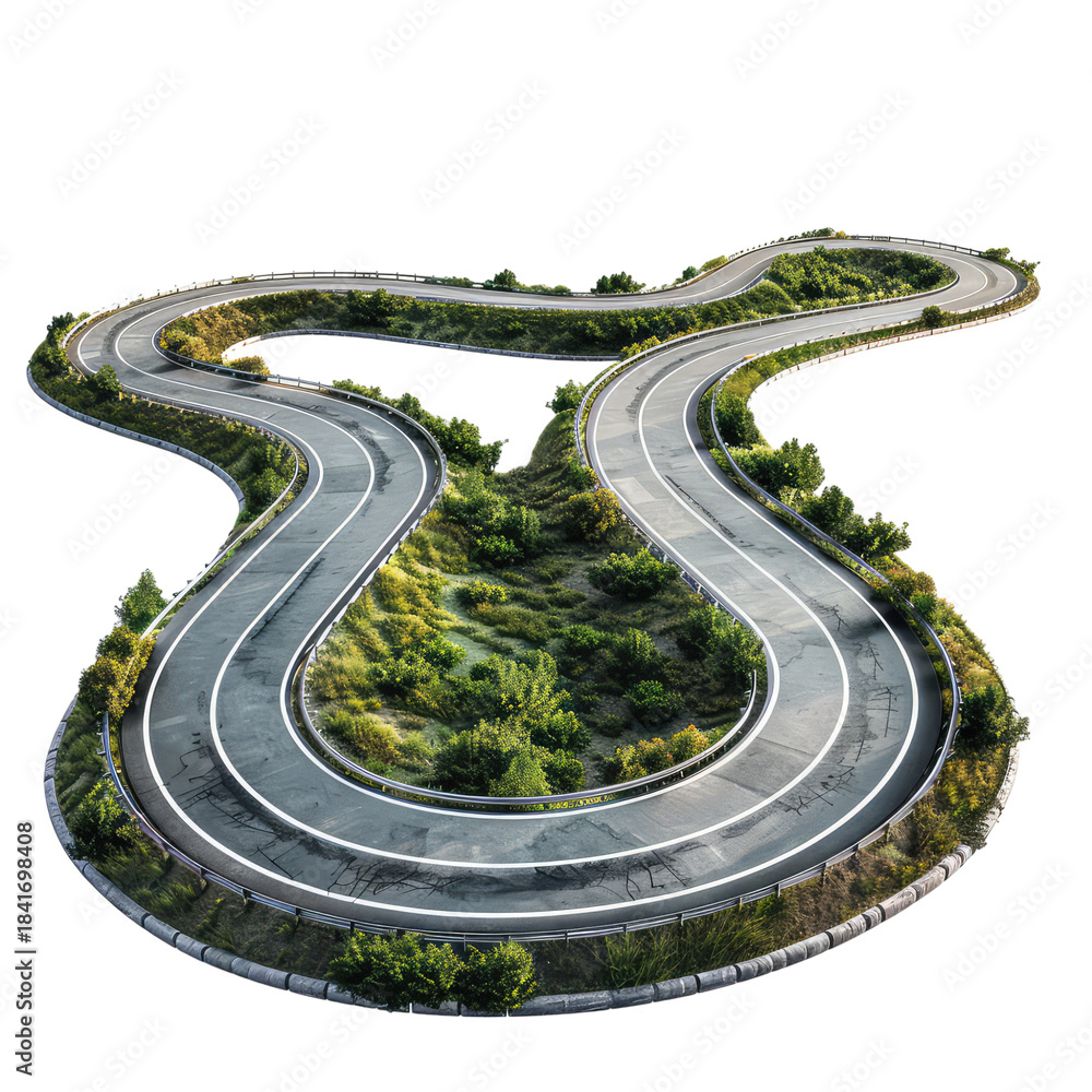 Obraz premium 3d road, Curved road with white markings. Winding highway isolated on transparent background. png Asphalt highway. clipping path