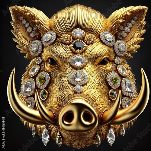 Gold Wild Boar. Jewelry Glowing Treasure. Amazing Glamour Mascot. Decoration for Art Deco Party Card Invitation. Rich Luxury Glowing Shiny Diamond Brilliant Animal Stone Brooch Portrait	