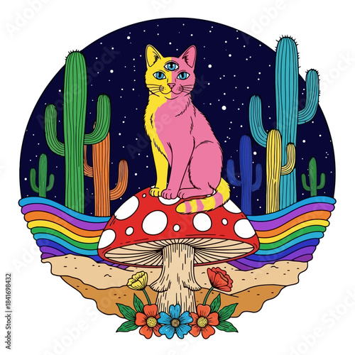 Psychedelic Cat with Three Eyes Sitting on a Mushroom in a Desert Landscape