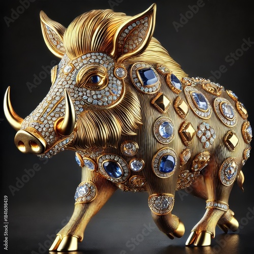 Gold Wild Boar. Jewelry Glowing Treasure. Amazing Glamour Mascot. Decoration for Art Deco Party Card Invitation. Rich Luxury Glowing Shiny Diamond Brilliant Animal Stone Brooch Portrait	