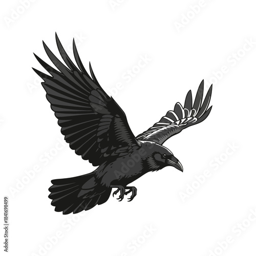 Detailed Illustration of a Black Raven in Flight, Wings Spread Wide in Mid-air