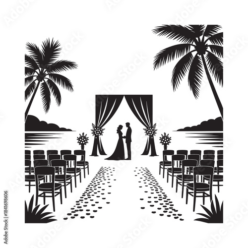 A beautiful black and white silhouette of a romantic beach wedding ceremony