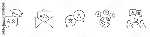 Language Translation And Communication Icon Set. Multilingual Education, Global Communication, And Language Learning Outline Symbol Collection. Editable Stroke. Isolated Vector Illustration